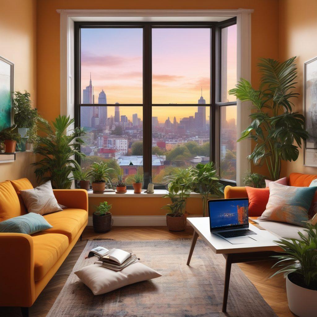 A cozy apartment interior with a laptop open on a coffee table, surrounded by houseplants, vibrant artwork on the walls, and a window showcasing a cityscape. Include an illustrated mind map or notes on blogging strategies beside the laptop. The scene should convey a sense of comfort and creativity in a modern urban setting. super-realistic. vibrant colors. warm lighting.
