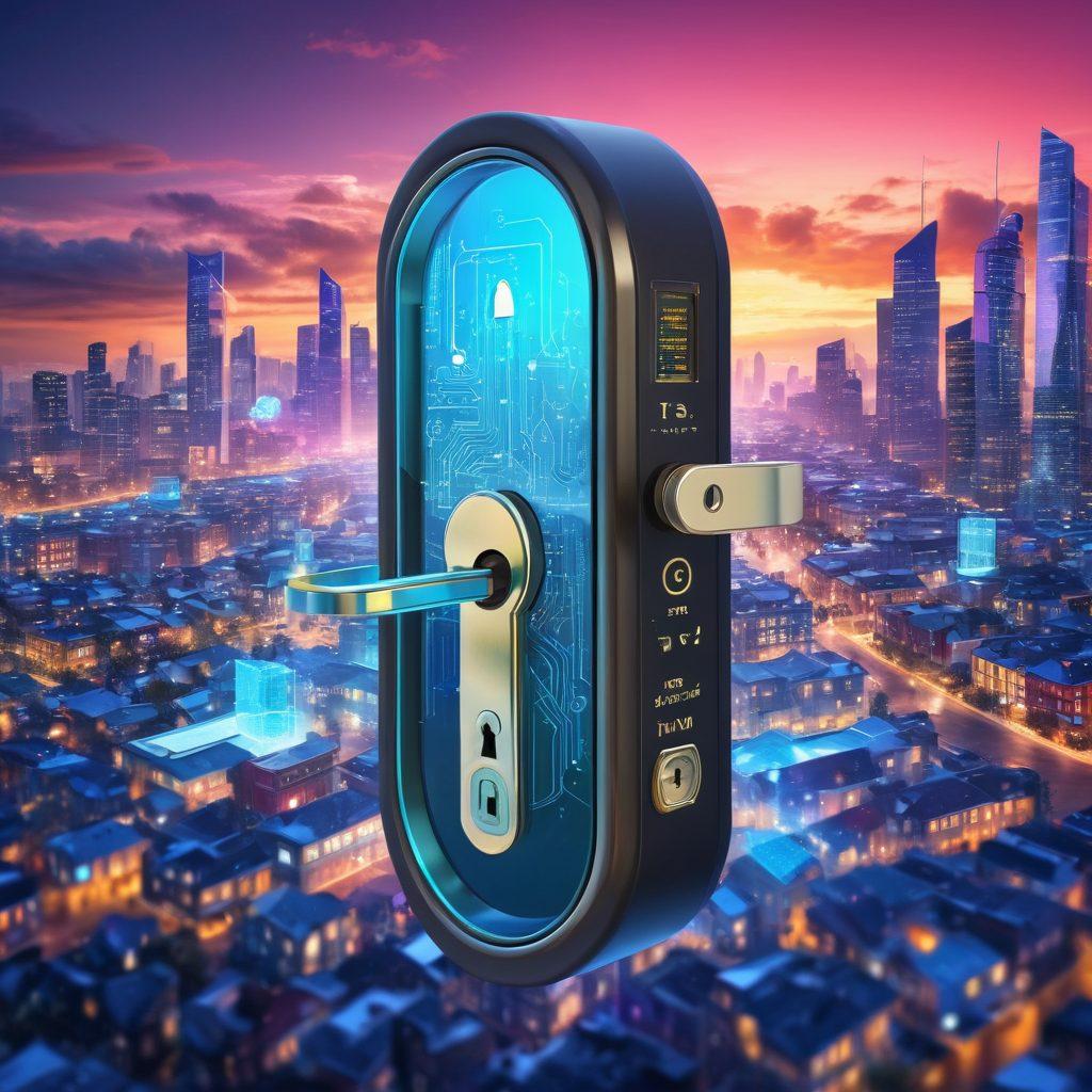 A futuristic key unlocking a digital door adorned with vibrant real estate icons such as houses, apartments, and buildings floating around it. The background shows a city skyline blended with abstract digital circuits, symbolizing the fusion of technology and real estate. Bright, engaging colors to attract attention and evoke a sense of opportunity. hyper-realistic. vibrant colors. 3D.