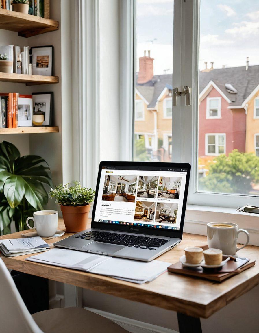 A dynamic scene showcasing a cozy home office with a laptop open on a personal blog page, surrounded by real estate brochures and a coffee mug. The walls adorned with framed photos of houses, and a window revealing a sunny neighborhood outside. Incorporate warm tones that evoke a sense of connection and success. super-realistic. vibrant colors. white background.